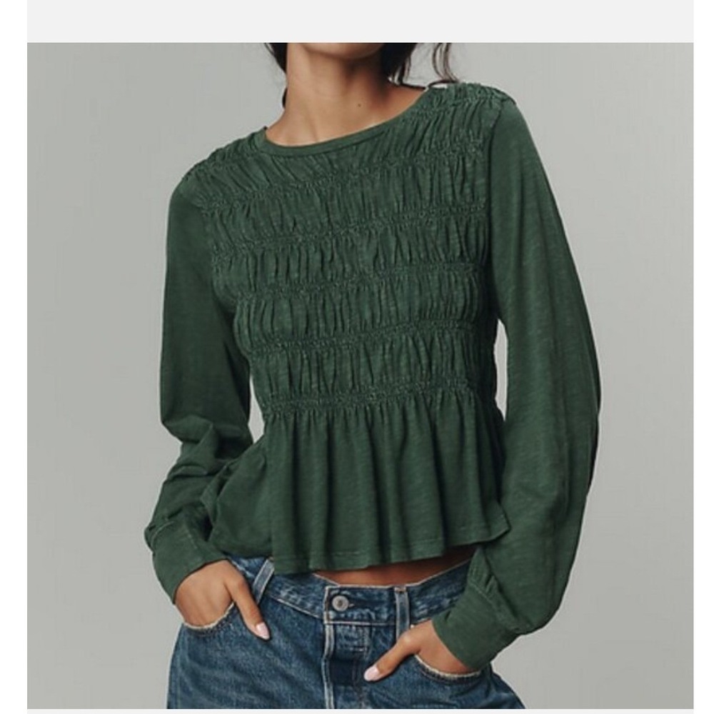 Pilcro Peplum Top Size M Green Smocked Long Sleeve Cotton Cottagecore Earthy